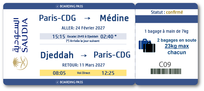 Vol Saudia Paris Médine – 24 février au 11 mars 2027